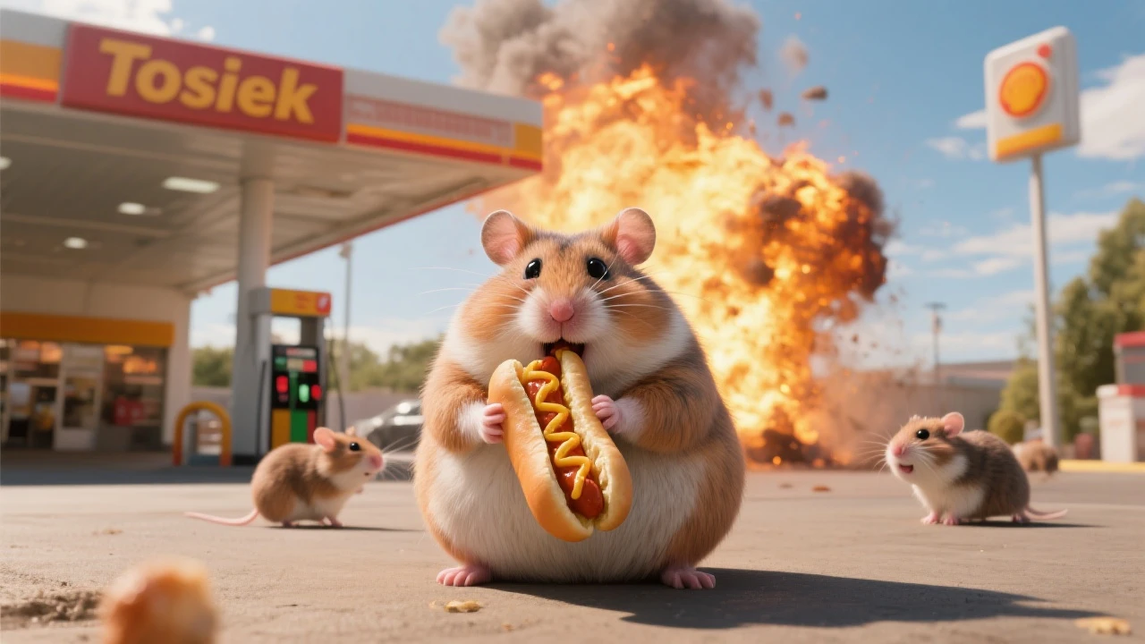 Cinematic still of A portrait of a fat hamster eating hotdog on gas station, gas station is in fire, other hamster fun away, sunny day, back light explosion , gas station named "Tosiek" (Realistic) emoji