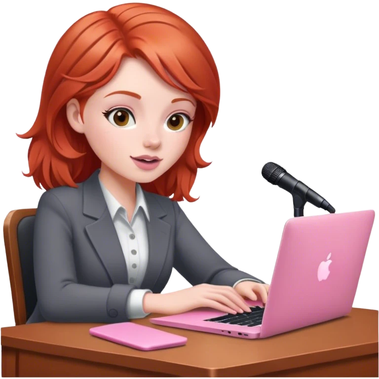 Redhead sat at desk with pink MacBook and microphone  emoji