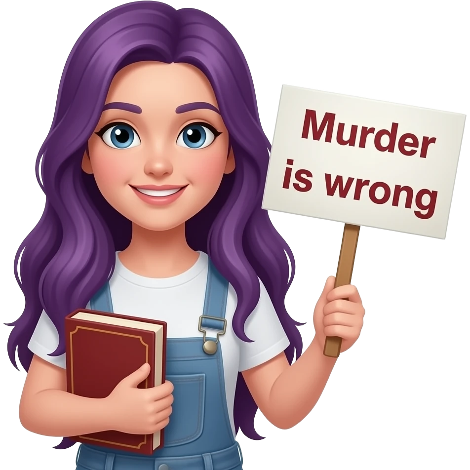 girl with long purple hair with a BOOKZ... because MURDER is wrong sign emoji