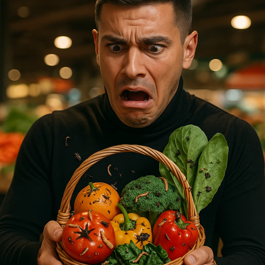 Create a realistic or semi-realistic style image of a 30-year-old man inspired by the reference image. He is holding a basket of fresh-looking fruits and vegetables with a shocked or disgusted expression as he notices parasites crawling on the produce. The produce is vibrant with visible worms, larvae, or tiny insects among the leaves and skin. The background is a market, kitchen, or garden setting. Emphasize strong textures and contrast between freshness and contamination, conveying a health-risk atmosphere. emoji