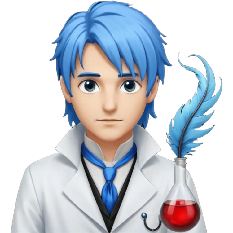Handsome alchemist-scientist man with light-blue beautiful hair, handsome sexy, long hair tendril bangs down on the sides, white lab coat, blue cravat, black feathers on shoulder, raven companion, black gloves, red eyes emoji