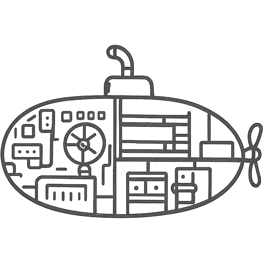 submarine floorplan, interior schematic, showing control room, engine room, bunks, kitchen, blueprint style emoji