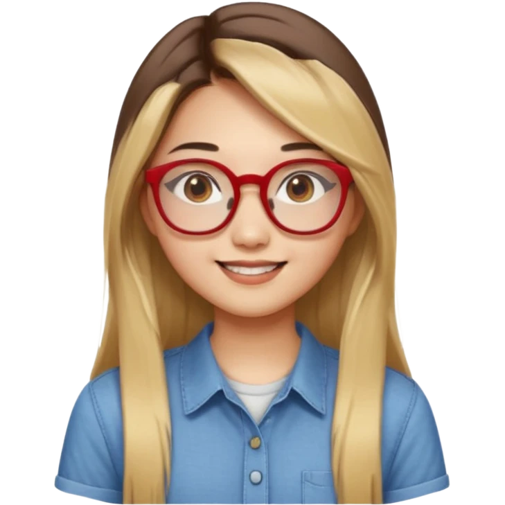 20 yr old asian woman, straight thick long brown hair, blond at ends of hair, center part to hair, big red glasses, brown eyes, casual shirt emoji