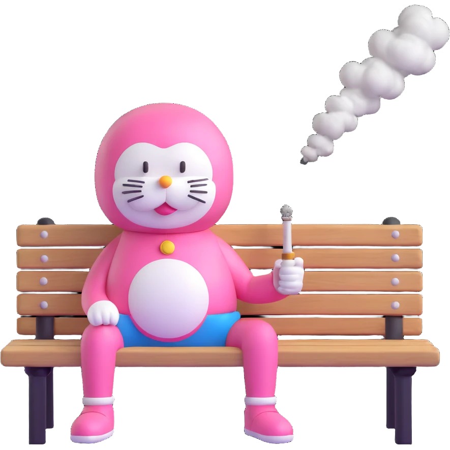 pink Doraemon smoking, sitting on a bench, casual vibe emoji