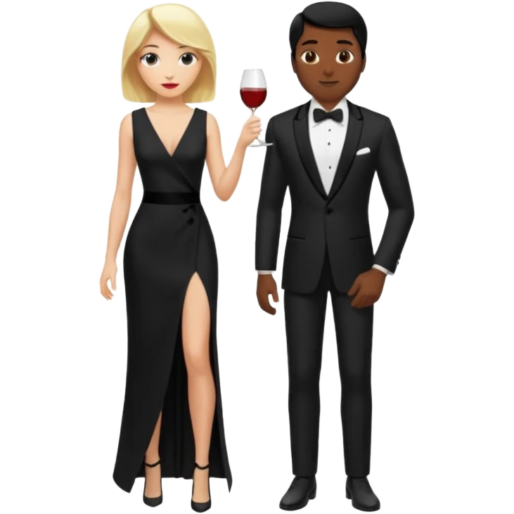 Blonde woman, black, Long, tight, sleveless Dress, Slot left Leg, man, black Hair, in Dinner jacket, Background ballroom emoji