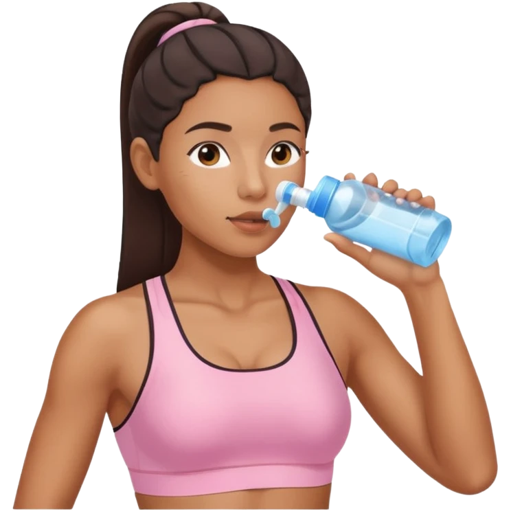 Mixed-race athletic woman with caramel skin, wearing pastel pink sports bra, drinking water from clear bottle emoji