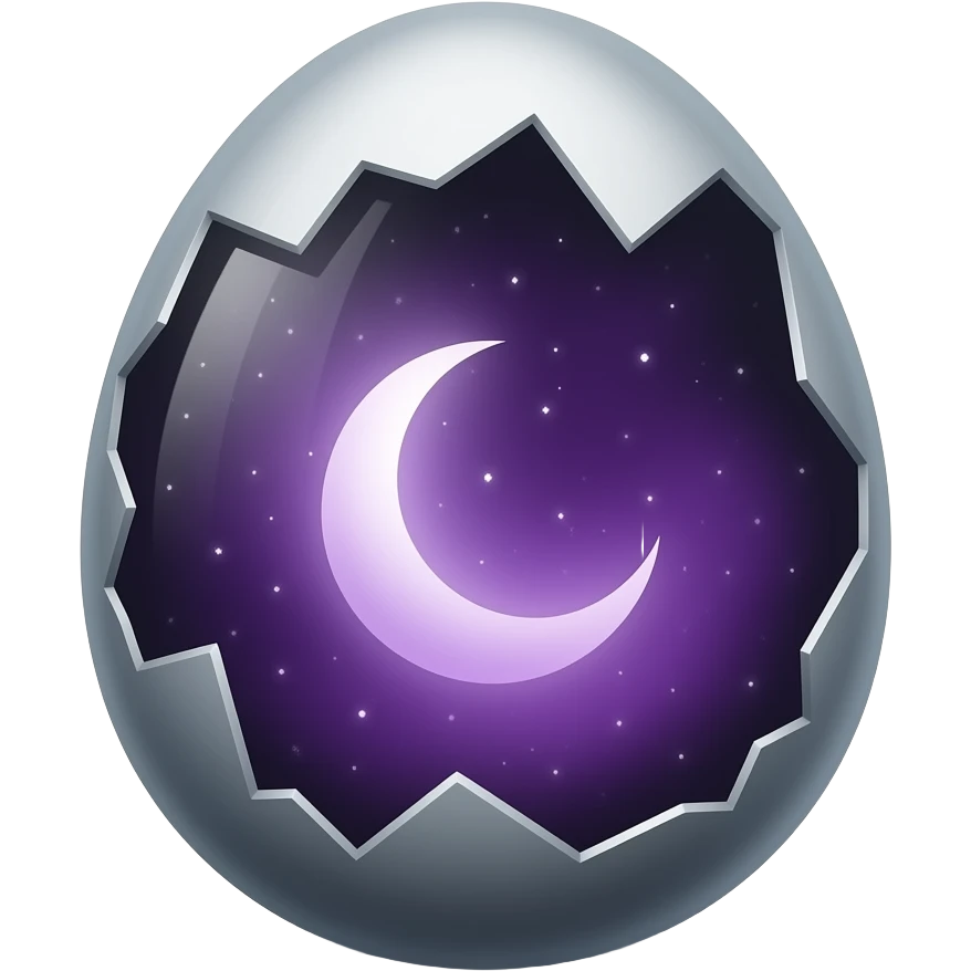 a clear moon‑born cosmic egg with no shell, its glasslike body holding a brooding violet nebula where a dim crescent moon drifts like a quiet omen, faint dying lights suspended inside its shadowed depths, isolated object, transparent background emoji