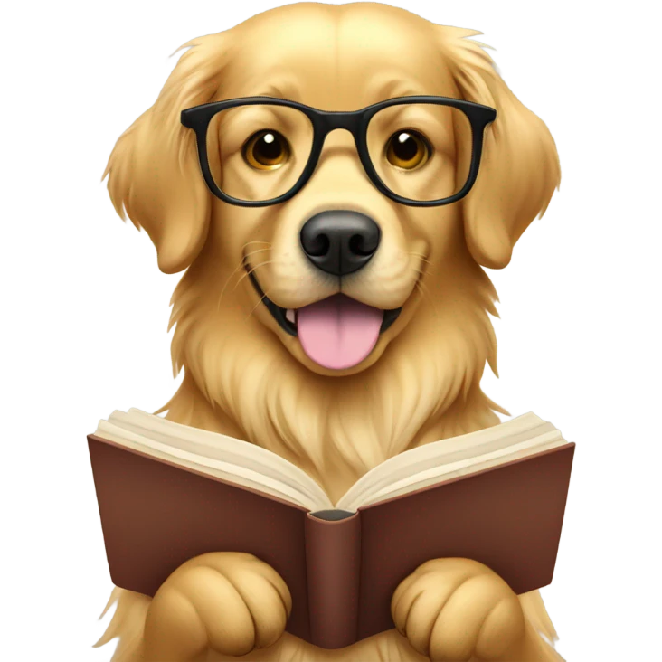Golden retriever wearing glasses and reading book emoji