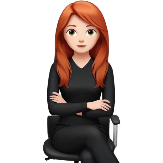 Video call therapy session: red-haired therapist with long hair wearing black minimalist clothing, seated in a professional home office, looking at the webcam; calm, modern teletherapy setting emoji