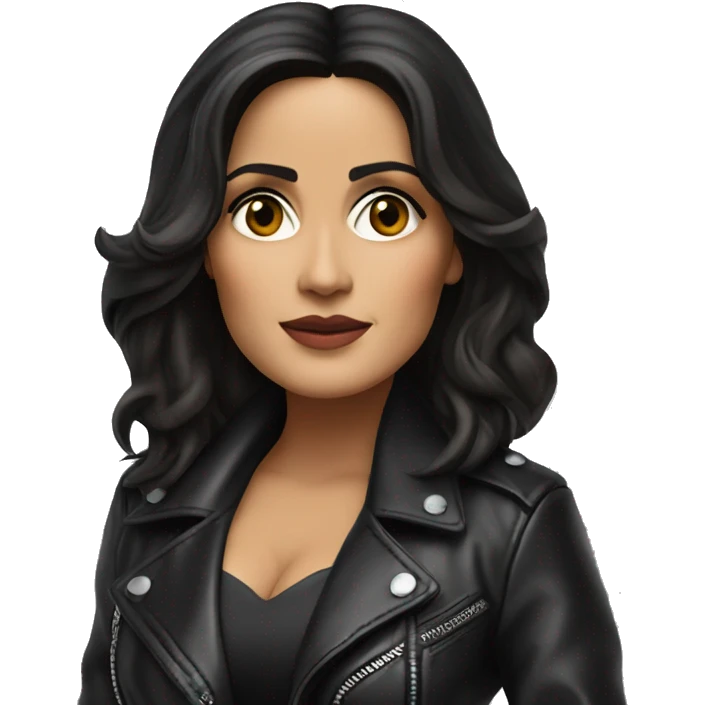 Salma Hayek in leather jacket pointing forward  emoji