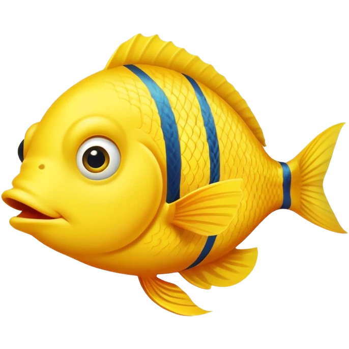 bright yellow fish in strict side view profile, facing exactly to the right, only one side visible, single eye, perfectly flat 2D representation, dopey stupid expression emoji
