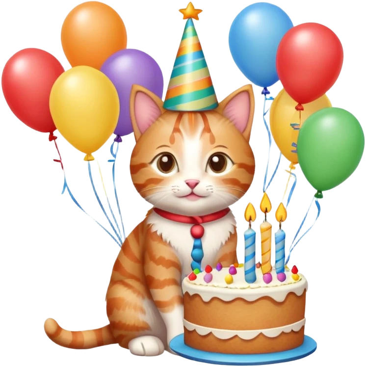 Ginger tabby kitten birthday, birthday hat, birthday cake, balloons, happy, gifts emoji