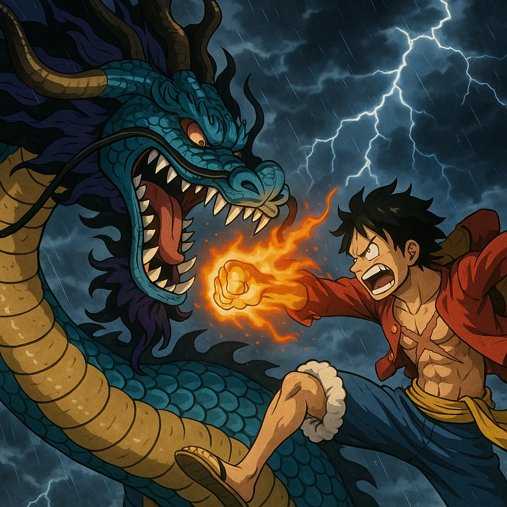Kaido in dragon form clashing with Luffy, stormy background, anime style emoji