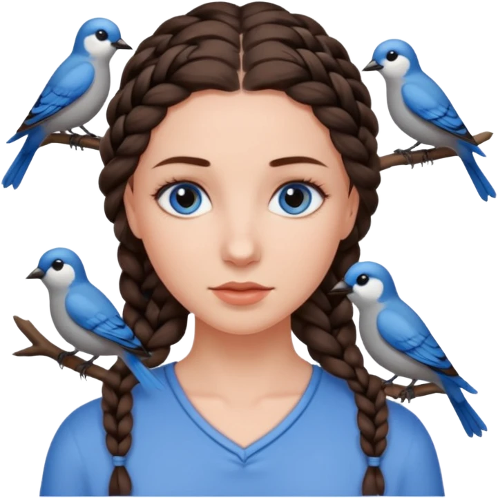 женщина с одной темно-коричневой косой серо-голубыми глазами и светлой кожей в окружении птиц emoji