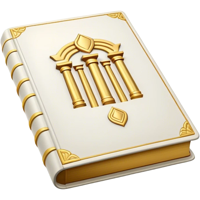 A white leather book with golden accents, smooth and polished, embossed with a symbol of six pillars,, radiating strength, confidence, and the power of self-worth.  emoji