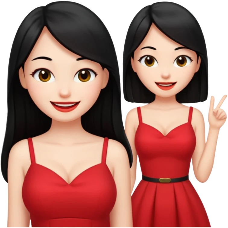 Chica joven pelo sémi largo color negro lacio delgada con con pechos grandes vestido rojo con sonrisa amigable y guiñando el ojo emoji