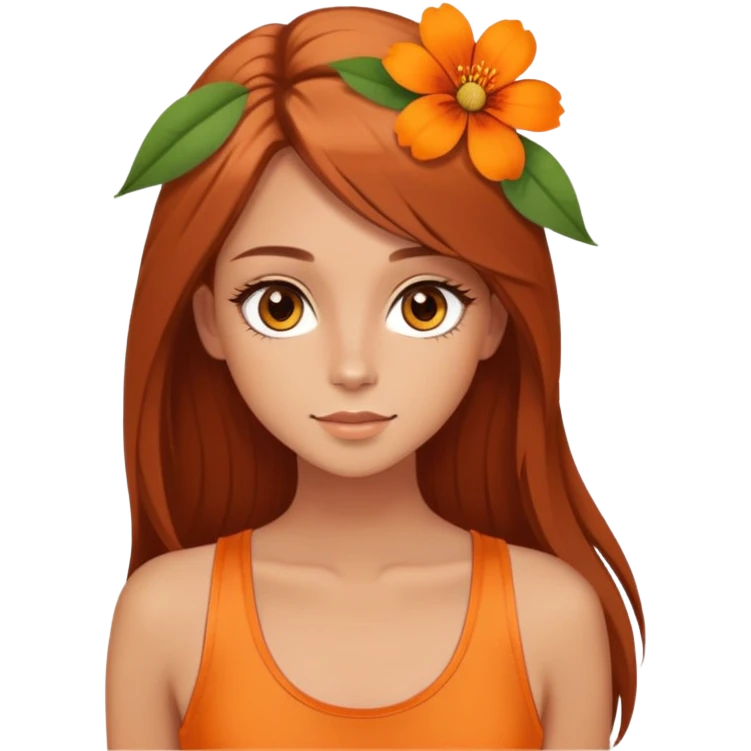 pretty girl with hazel, almond shaped eyes, she las light a bit tanned skin, she has brown auburn hair straight and long lashes, she had orange flower in her head, and orange tank top, her hair is long length  emoji