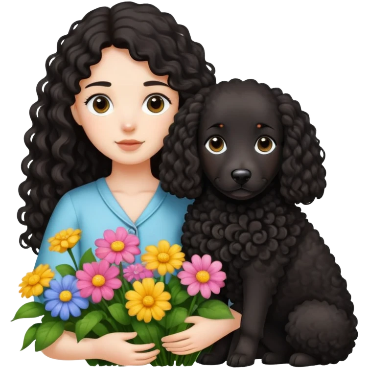 A long-haired girl holding a black curly-haired Tactic dog in the flowers emoji