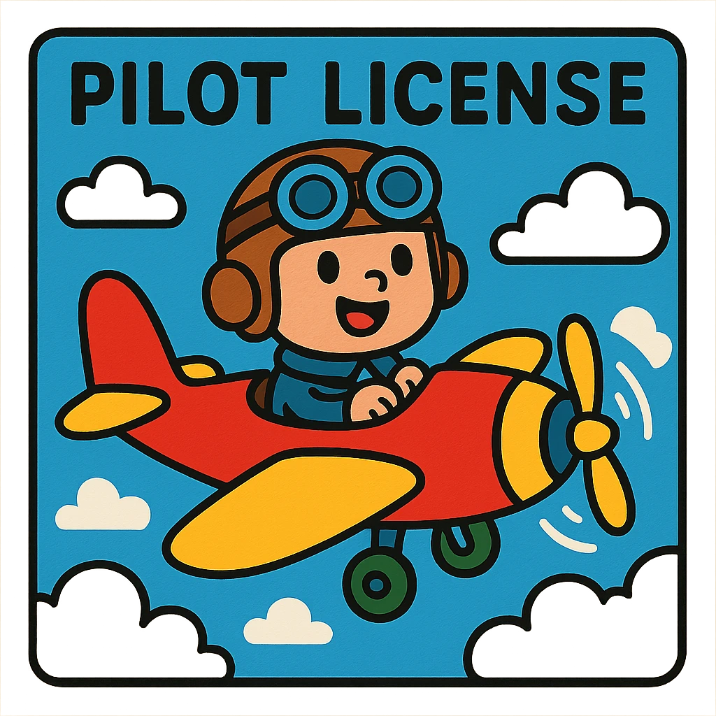 playful pilot license design with cartoon airplane and clouds emoji