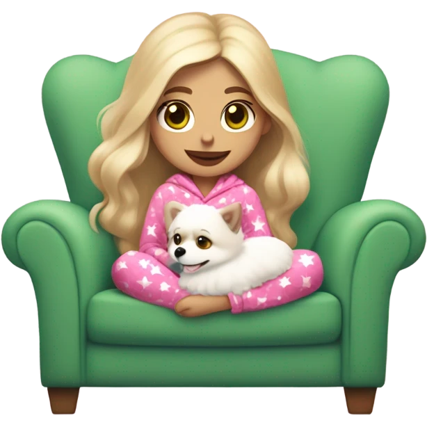 Girl blonder long hair mauve pink plump lips green eyes sitting in cozy chair wearing red and pink heart design on pjs holding a white Pomeranian emoji