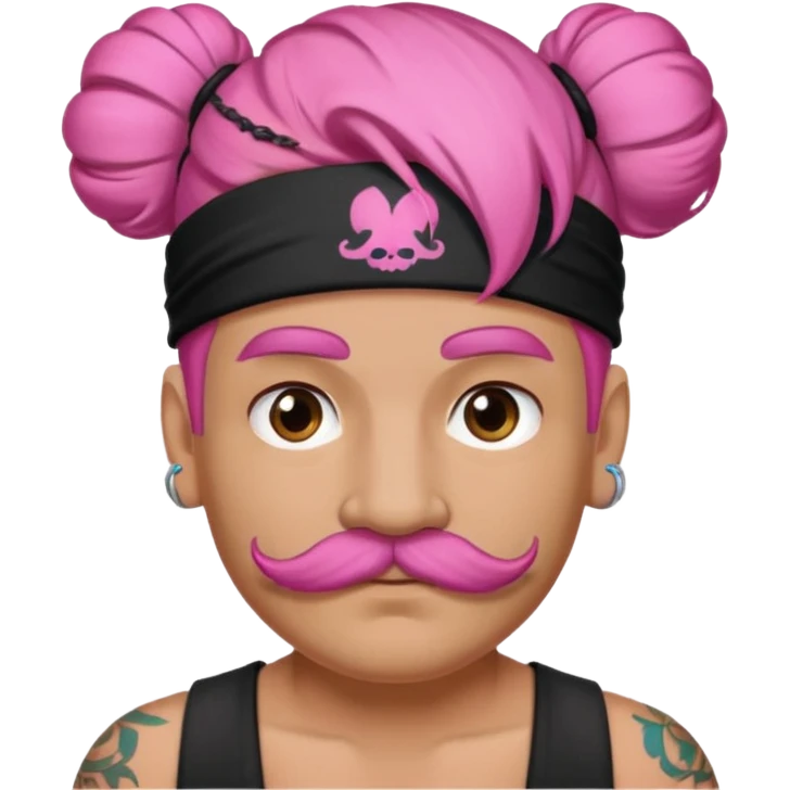 single big bun pink hair man and mustache and face tattoos very heavy and headband emoji