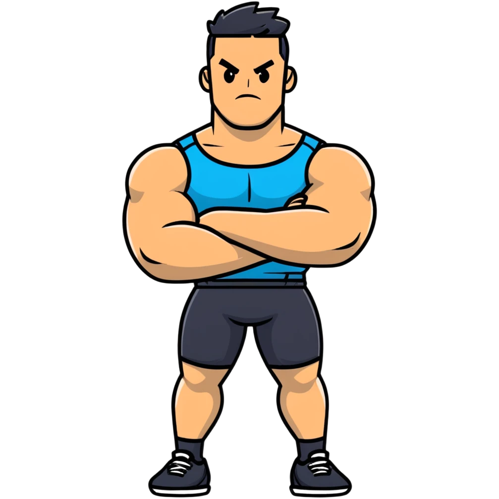 full body bulky male figure standing with arms crossed, muscular build, wearing athletic clothes, serious expression emoji