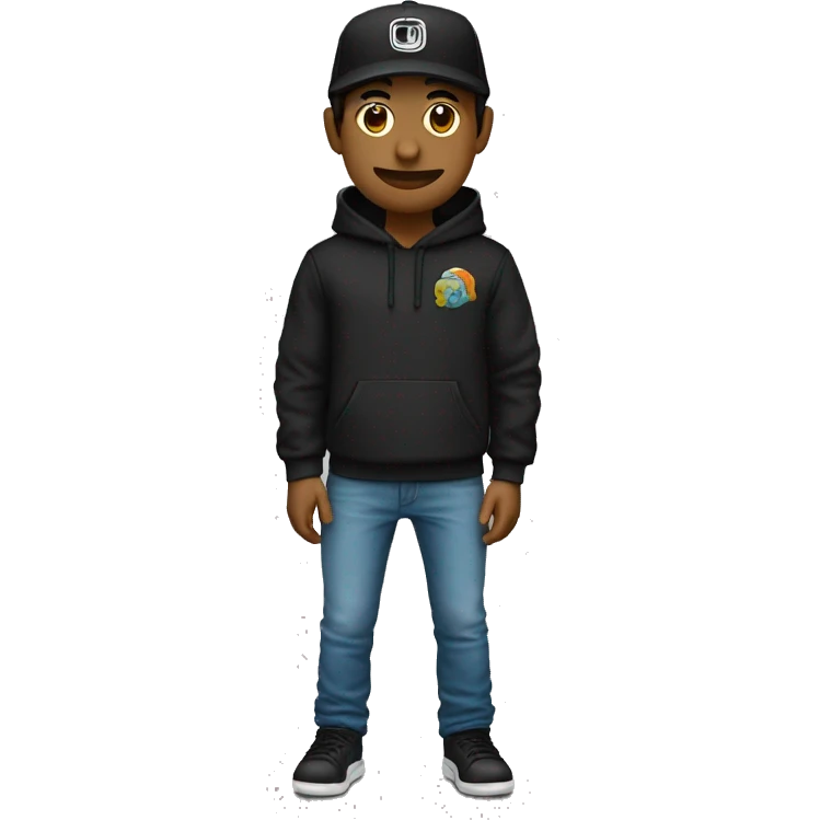 Un chico color piel clara, sudadera negra, cabello largo y gorra negra al reves manos enfrente emoji