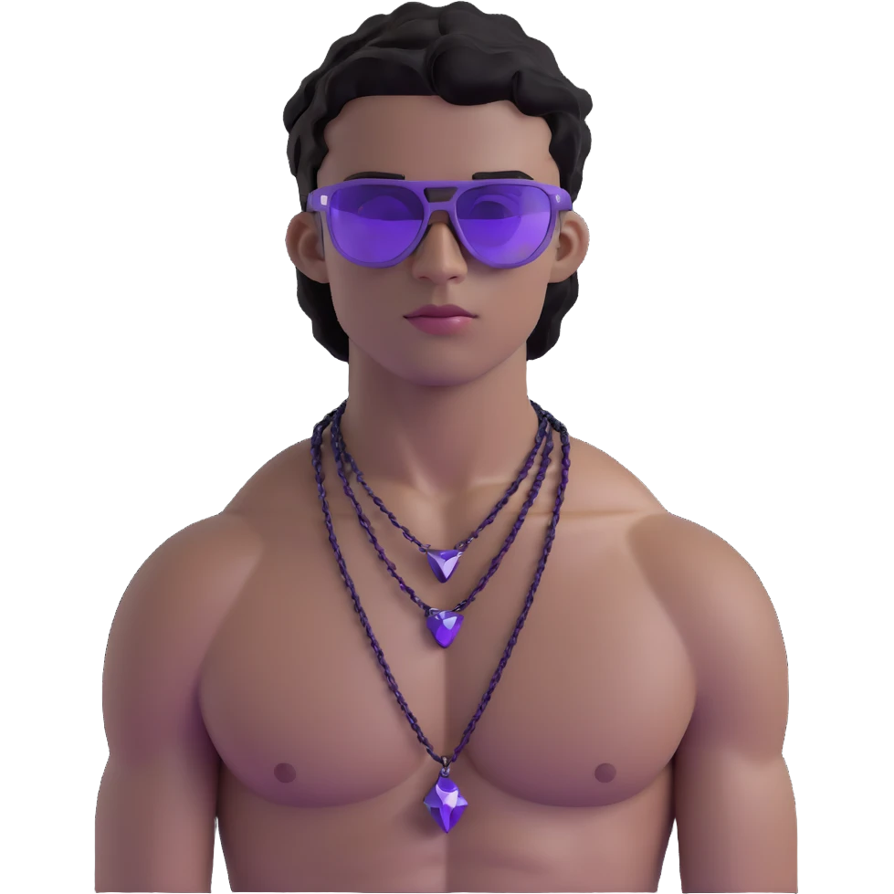 shirtless male athlete with white skin and moderately curly black hair on top with shaved sides, wearing sharp angular geometric purple sunglasses with very dark heavily tinted black lenses, and a simple plain black chain necklace, no earrings emoji