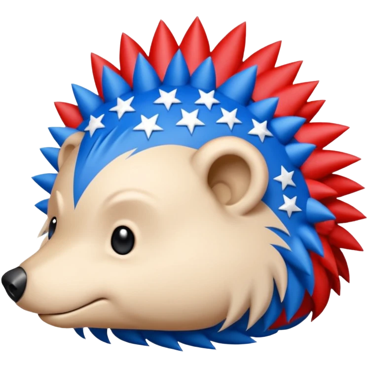 Red and blue Porcupine facing right. Bottom layer red: covers feet, round face, 2 spikes. blue upper layer 6 spikes, 3 white 5 pointed stars in the middle of the blue. emoji