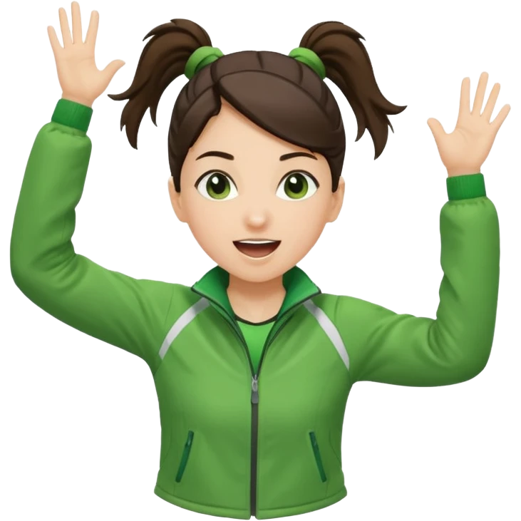 A brunette pony tail hair girl in a sporty green jacket, jumping slightly while cheering loudly. emoji