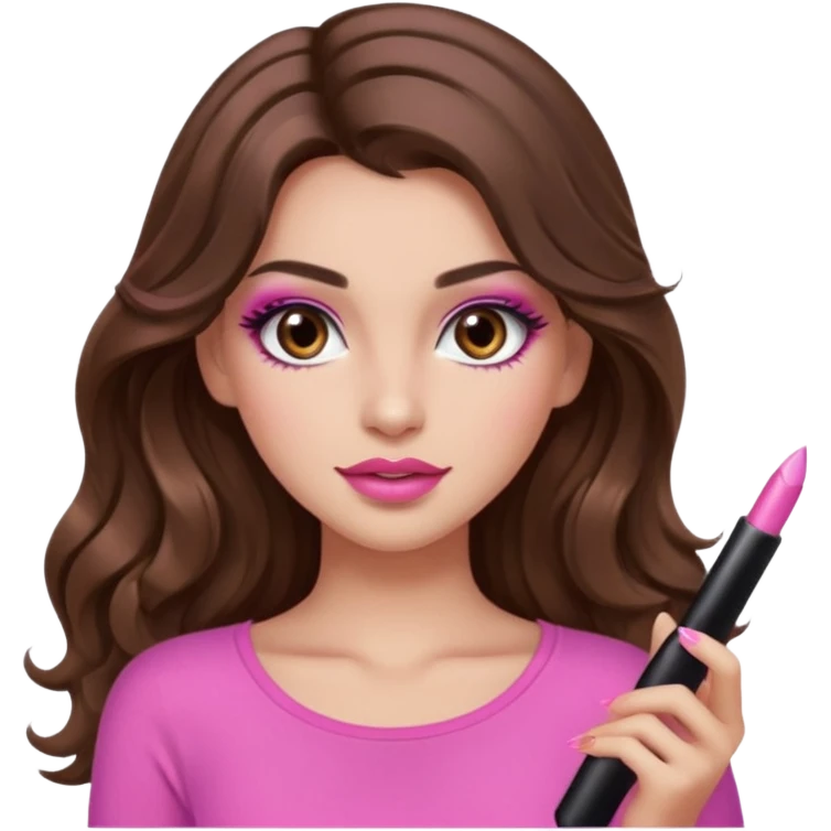 girl with long wavy brown hair, brown eyes, long lashes makeup, sexy pink lips, light to medium complexion, pink sexy top, I don't know emoji