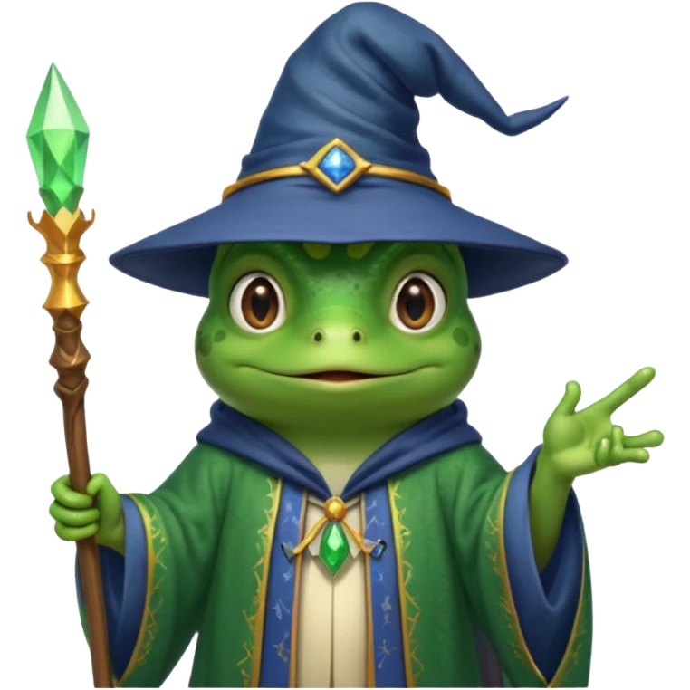 A smart frog in a hat and robes holds a pointer and with a smart face points out the mistake emoji