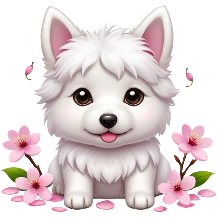 A cute  little  white dog and cherry blossom emoji