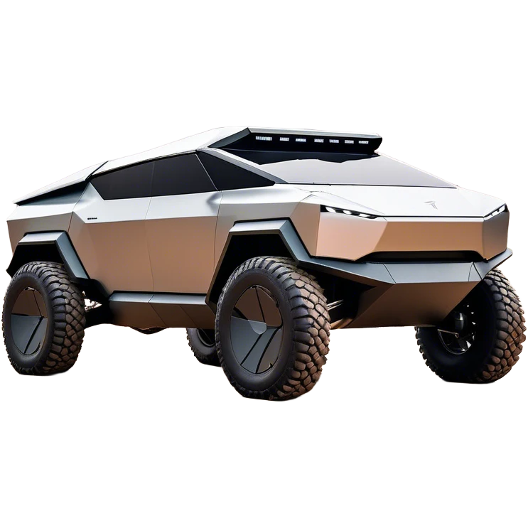Tesla Cybertruck - A futuristic Tesla Cybertruck, angular and geometric with a sharp, triangular body shape. Stainless steel exoskeleton with a raw, unpainted, brushed-metal finish. A sleek, narrow LED light bar stretches across the entire front. Large, rugged off-road tires with exposed wheel arches. Smooth, handle-free doors and a slanted, armored rear with a retractable tonneau cover. Rear LED strip mirroring the front. The vehicle looks like a sci-fi-inspired, bulletproof stealth tank on wheels, set in a high-tech urban environment at sunset, with reflections on its metallic surface. emoji