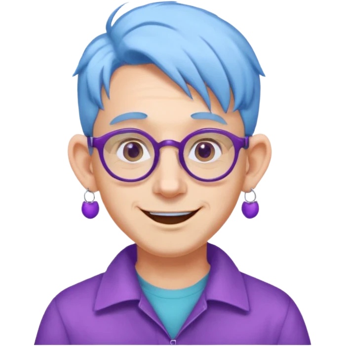 light blue haired man mid length hair with big ears and purple earrings and spectaclesi happy emoji