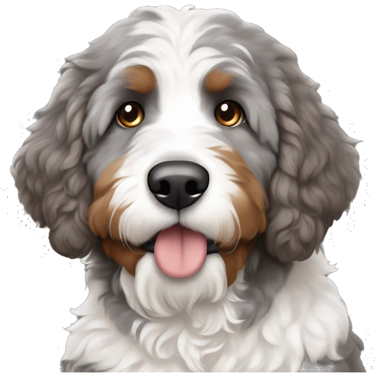 Grey brown and white bernedoodle, different eyes emoji