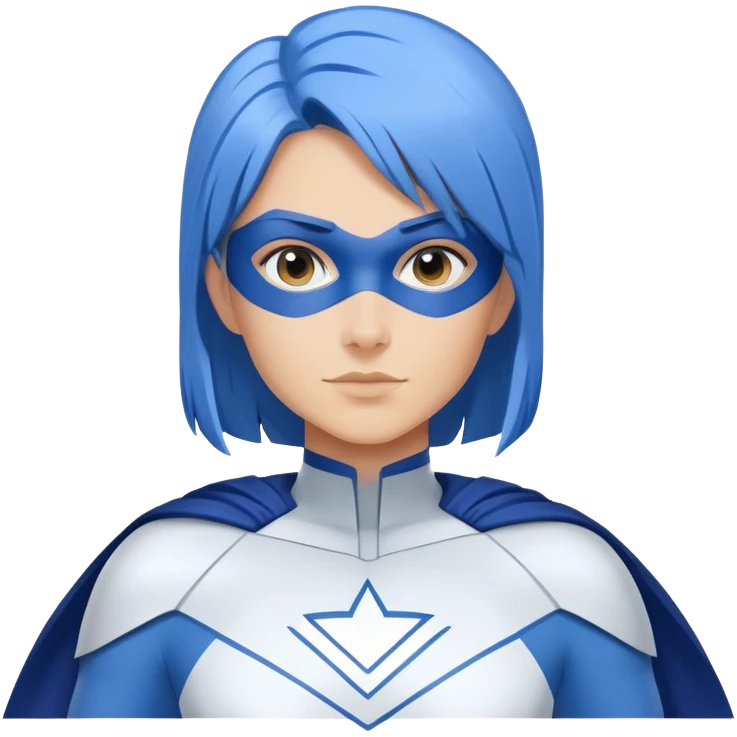 A close-up emoji of a friendly woman with blue hair (no eye mask) wearing a minimalist blue and white superhero costume with wide shoulders. The costume has a large empty area on the chest for the logo, uses only blue and white colors, and has minimal details. emoji