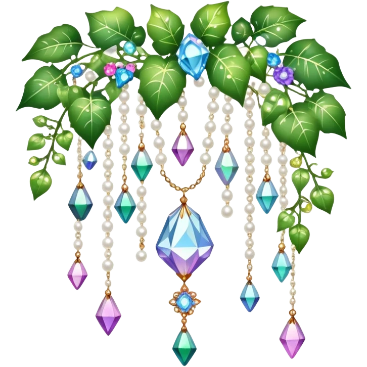 Exotic romantic Few cute tiny Iridescent glistening glossy sparkly shiny glittery hanging crystals pearls and beads and gemstones scenery scenic decorations with ivy and flowers emoji