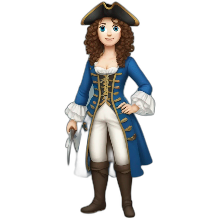 Pirate woman in 18th century, blue eyes, brown medium wavy hair, blue white costume emoji
