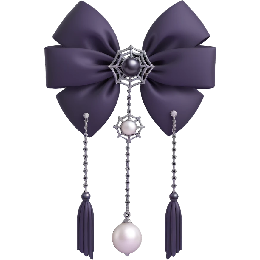 3D emoji gothic bow, white silk, silver spiderweb brooch, black chain fringe, dark pearl details emoji