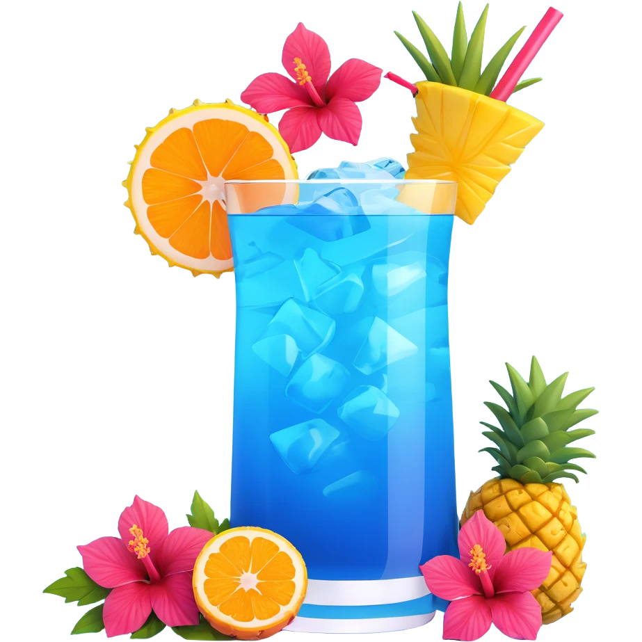 blue tropical cocktail with hibiscus and pineapple garnishes emoji