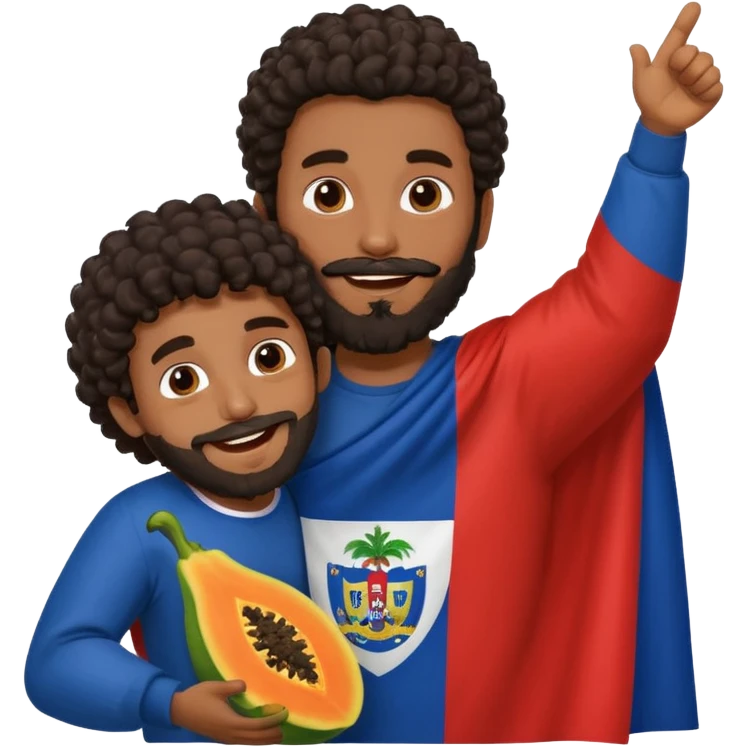 A very happy papaya hugging a medium dark skinned man with dark curly hair with a beard and Dominican flag behind them emoji