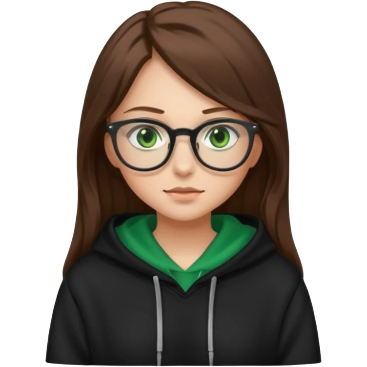 Girl with long brown hair, green eyes, glasses and a black hoodie on emoji