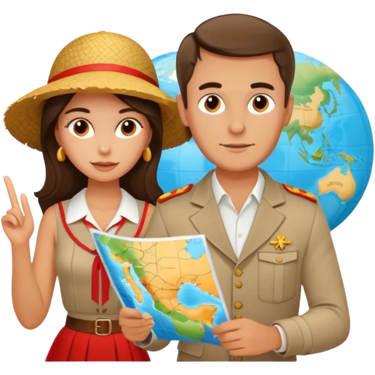 Russian man and elegant Spanish girl in vacation outfits with a map planning  emoji