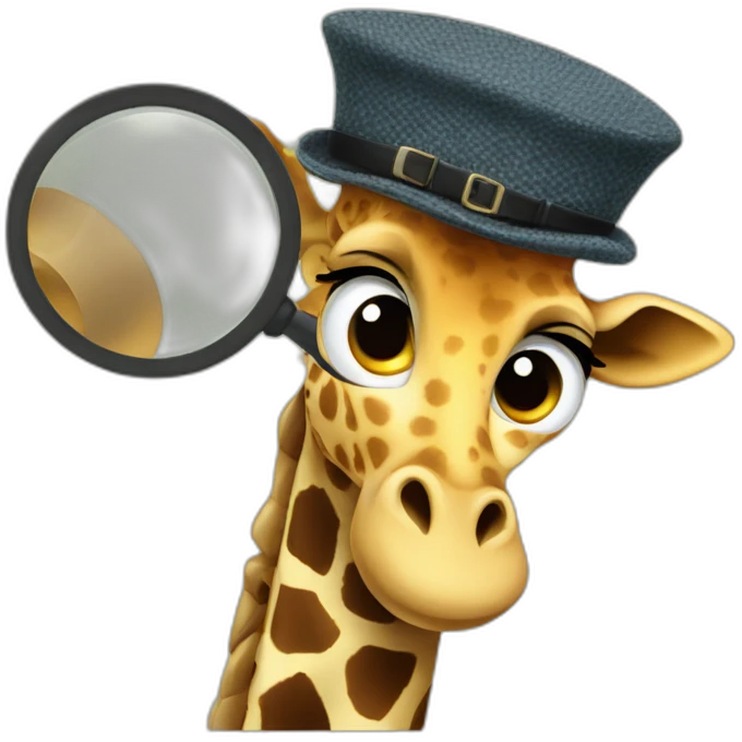 A tall, spotted giraffe wearing a tweed detective's cap, peering through a magnifying glass. emoji