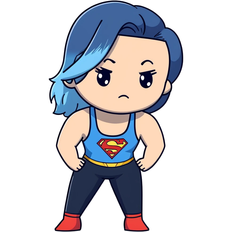 Adult female-very very very large upper body-Beautiful-shameful look on face-very long and very straight black to sky blue ombre hair-blue sad eyes-cute sky blue lowcut tanktop-black with superman logo- leggings emoji