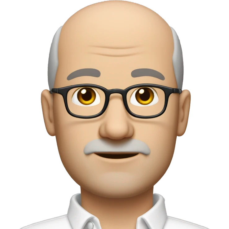 white 45-year-old man, slightly round face. very short hairs, almost shaved, a small central crest. hairline is slightly receding, sparse hair around the temples. brown eyes unshaven, small stubble beard. Wears round shaped glasses. A white collar shirt   emoji