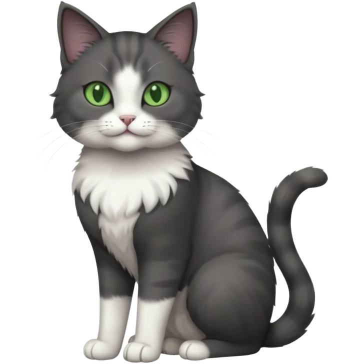full body view of beautiful female solid dark grey cat with green eyes, white toes and white patch on chest emoji