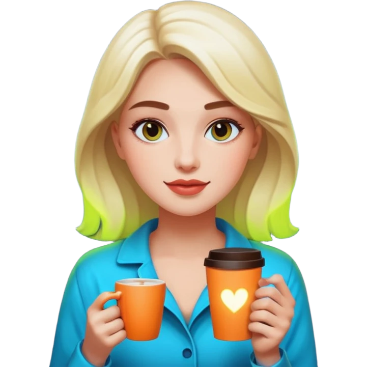 Woman with coffee , neon glow, Midnight Wander. emoji