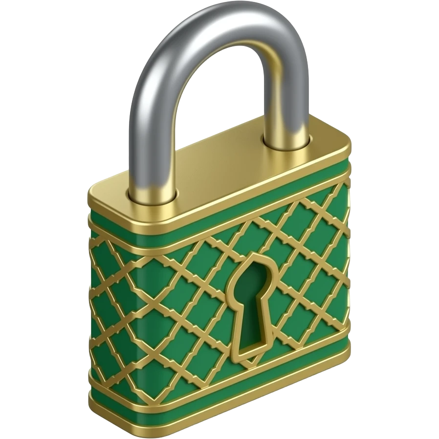 3D isometric padlock icon, engraved Mashrabiya pattern.
Minimalist professional style, emerald green & gold accents.
Soft studio lighting, 8k Octane render, ray-tracing detail.
Isolated on white background, premium literary aesthetic --v 6.0 emoji